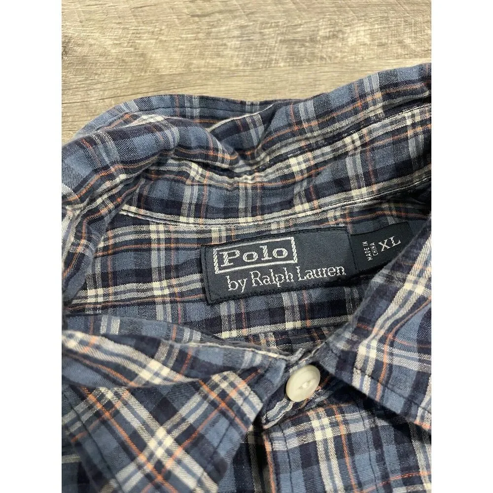 Polo Ralph Lauren Linen Button Up Shirt Men's XL Blue Plaid Breathable‎ Preppy - Picture 2 of 10